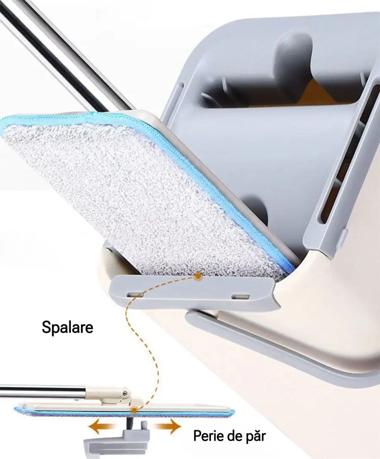 Galeata cu mop si 2 rezerve din microfibra, mop plat cu rotire 360°, alb/gri