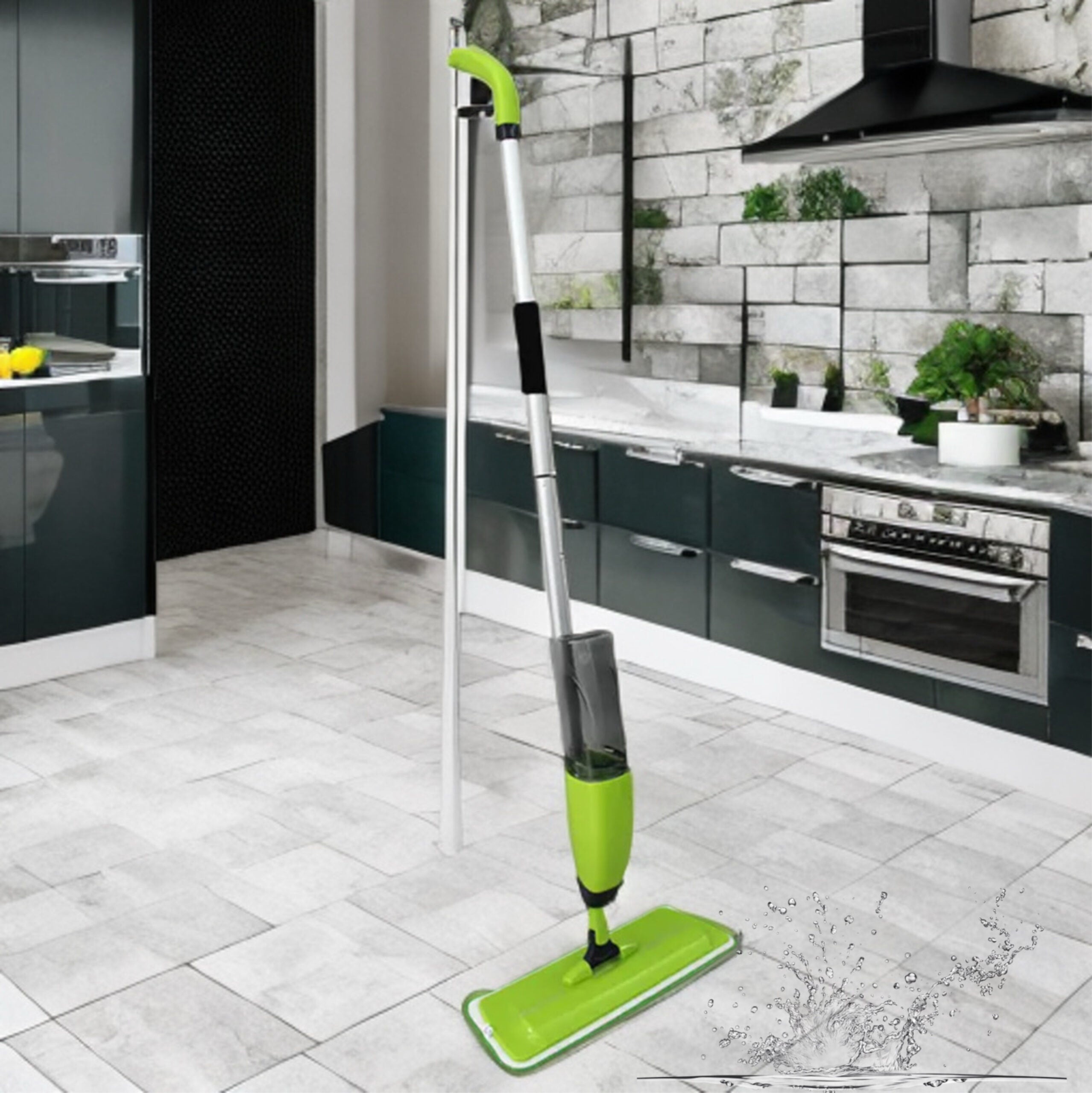 Mop cu pulverizator, 600 ml, microfibra reutilizabila, pentru curatare uscata si umeda, verde