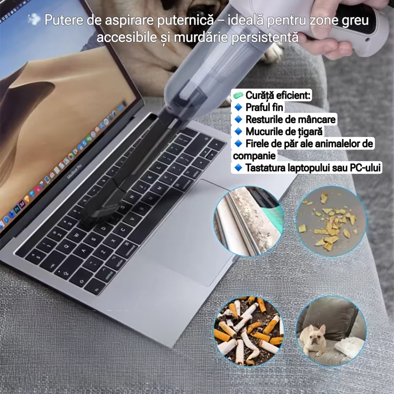 Aspirator auto portabil fara fir, gri, cu aspirare umeda si uscata