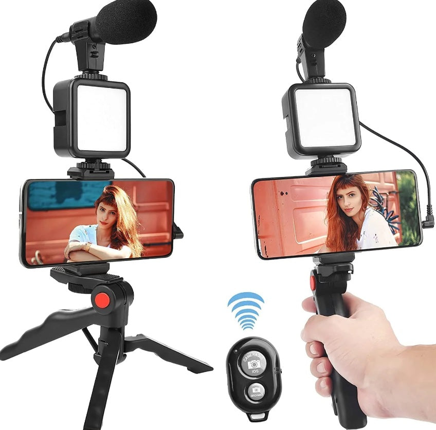 Kit vlog 4 in 1 – lampa LED, microfon, trepied si suport telefon