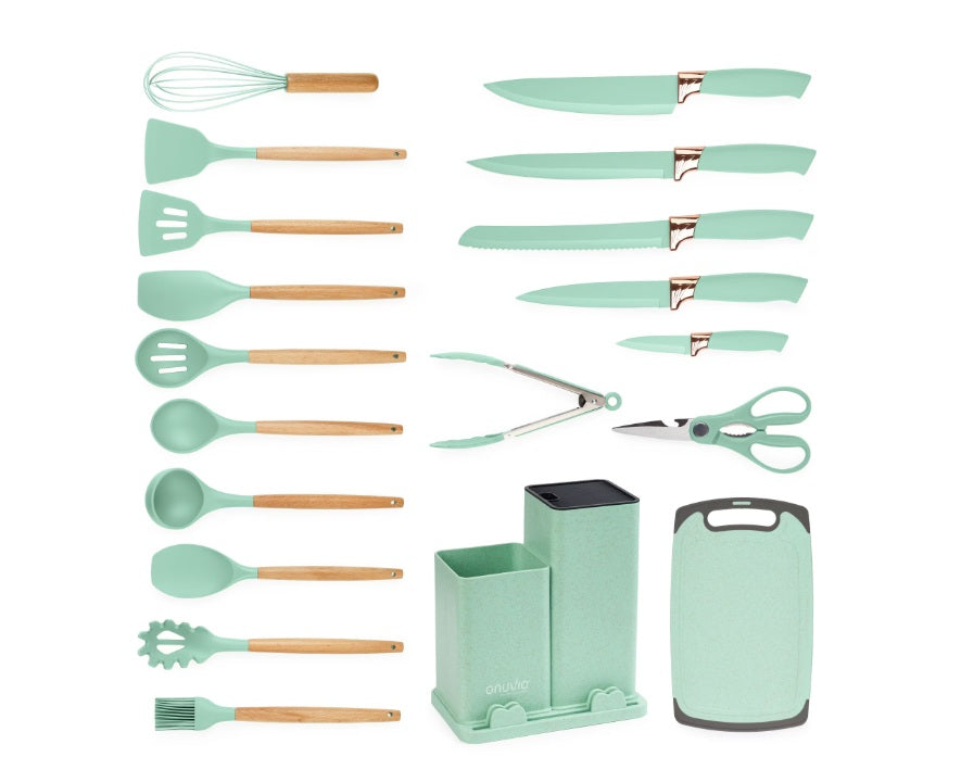 Set 19 Ustensile de Bucatarie Silicon Alimentar cu Suport – Manere Lemn Acacia