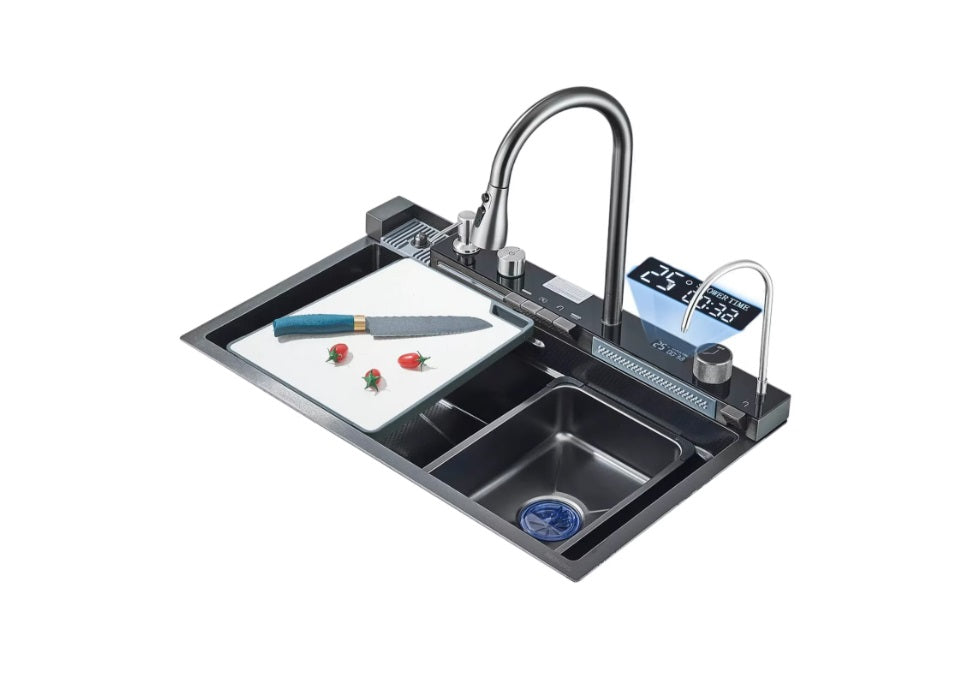 Chiuveta multifunctionala bucatarie cu dus extractabil, display LCD, tocator si accesorii incluse, 750x460 mm, gri grafit