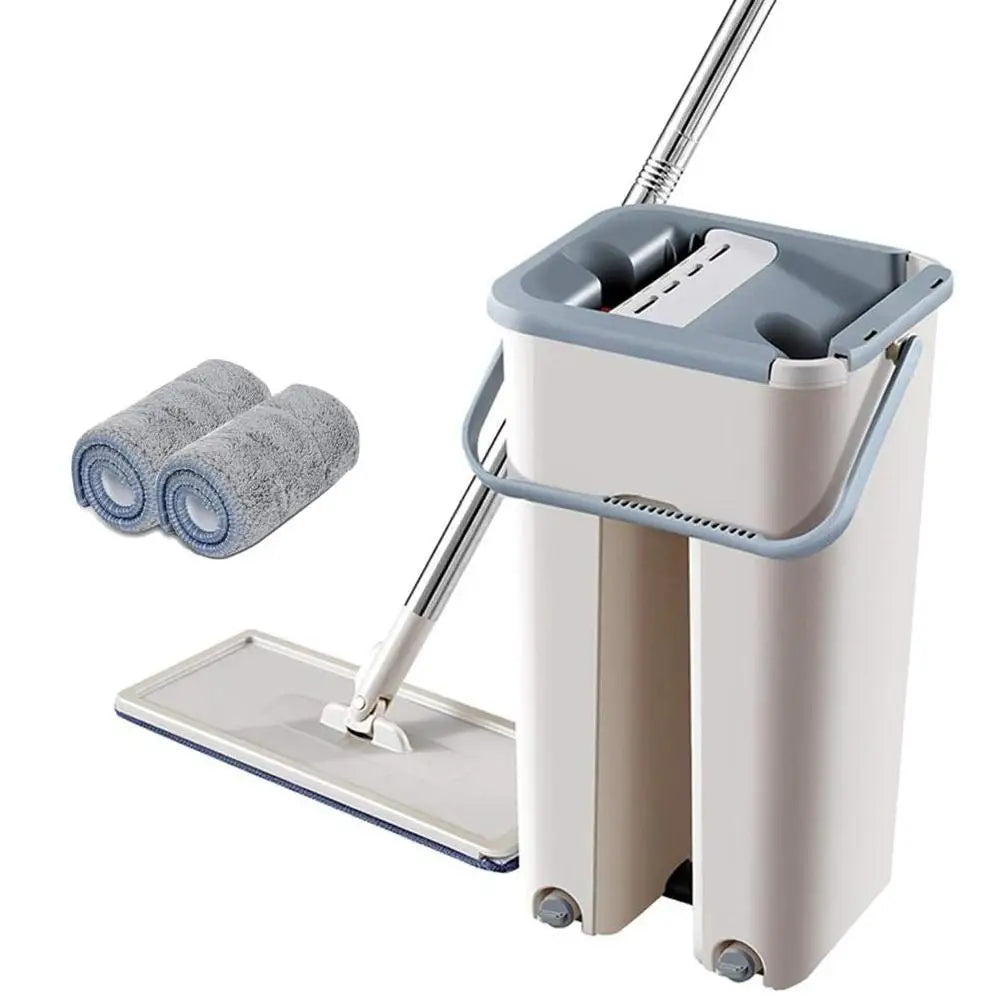 Galeata cu mop si 2 rezerve din microfibra, mop plat cu rotire 360°, alb/gri