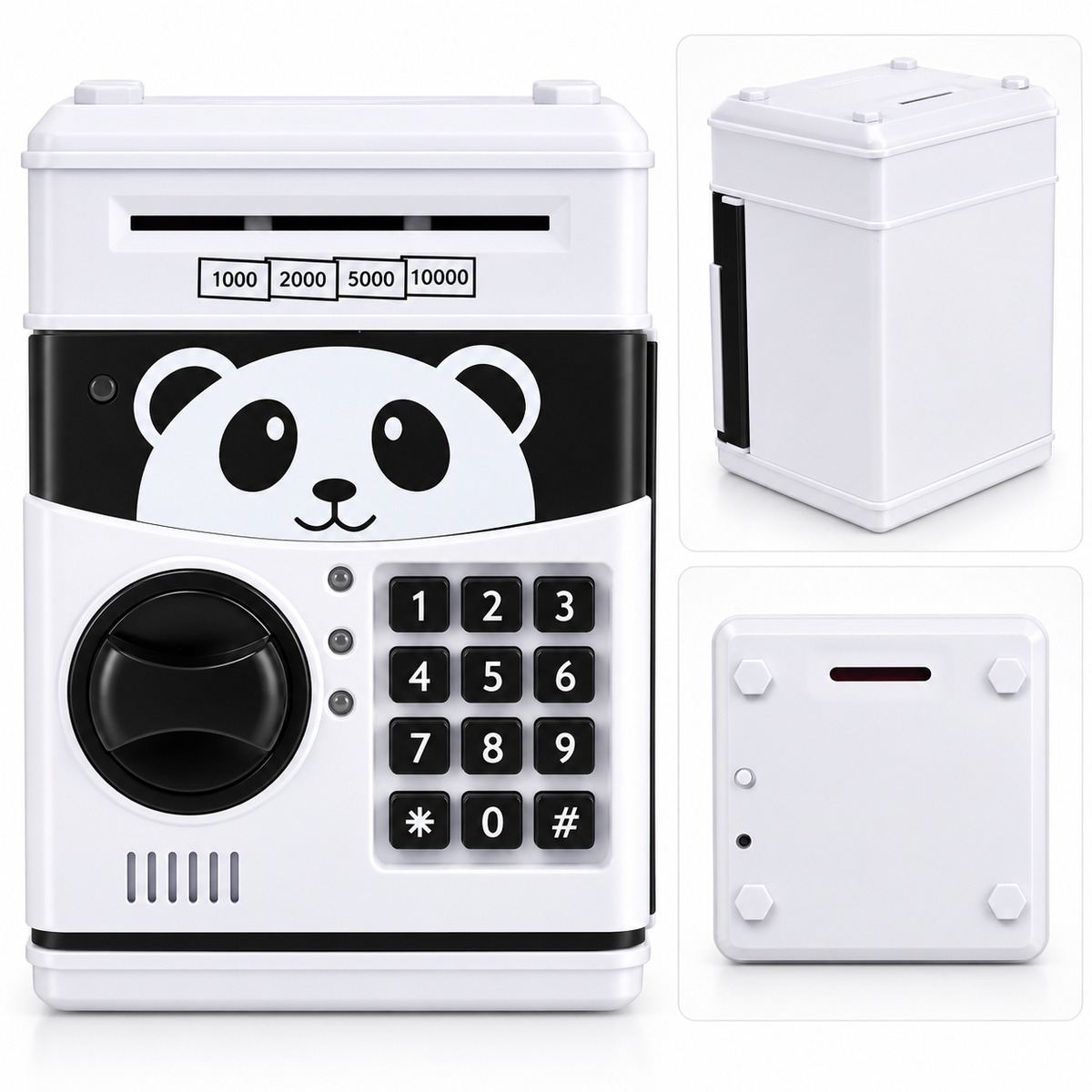 Pușculiță Electronică pentru Copii, Model Panda, Seif cu Parolă Numerică, Slot pentru Bancnote și Monede, Alb-Negru