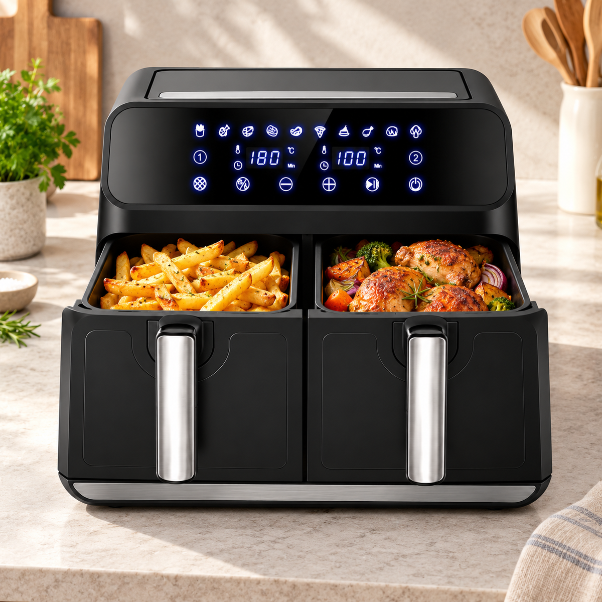 Friteuză Dublă cu Aer Cald, 10L(5L+5L), Două Compartimente, Display Digital Touch și Tehnologie 3D – Negru