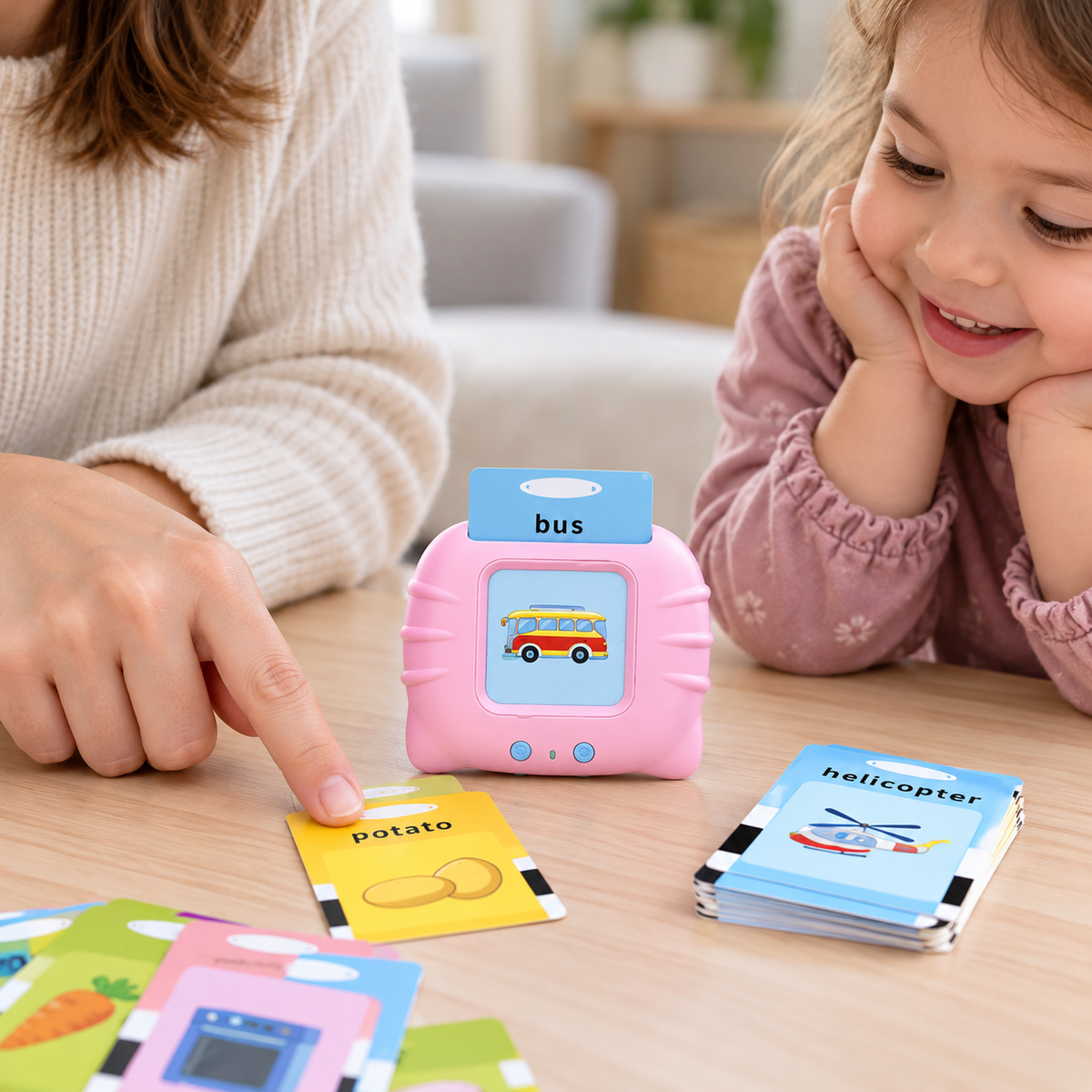 Jucărie educativă interactivă cu cititor de carduri, 224 de cuvinte, roz