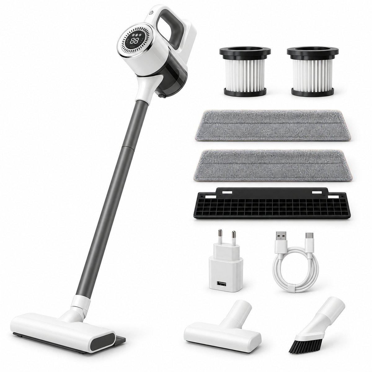 Aspirator vertical fără fir 2 în 1, cu funcție mop, 100 W, 3 trepte de putere și accesorii incluse
