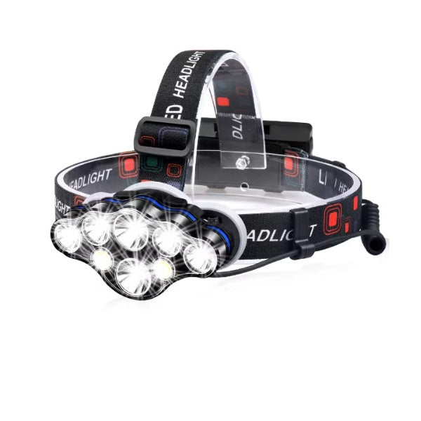 Lanterna de cap Premium, 8 LED-uri, Far de siguranta rosu, 13.000 lumeni, rezistenta la apa