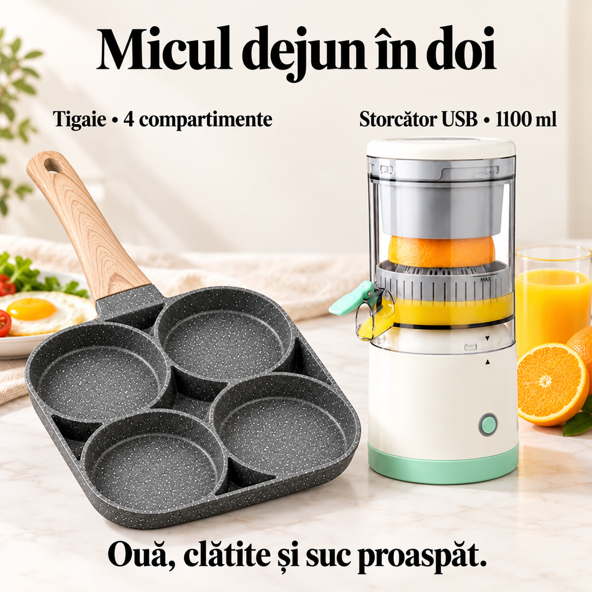 Pachet „Micul dejun în doi” – Tigaie antiaderentă cu 4 compartimente + storcător electric portabil USB, 1100 ml