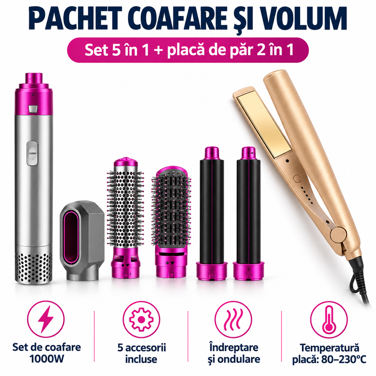 Pachet Coafare și Volum – Set de Uscare și Coafare 5 în 1, 1000W + Placă de Păr Gold 2 în 1, Ceramică, Temperatură Reglabilă 80–230°C