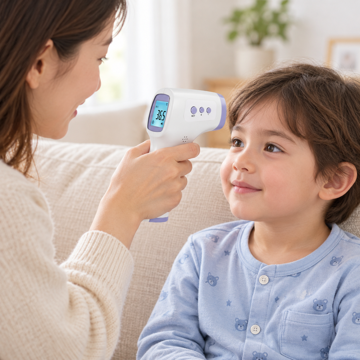 Termometru digital cu infraroșu, fără contact, afișaj color iluminat, funcție de memorie, alb/mov