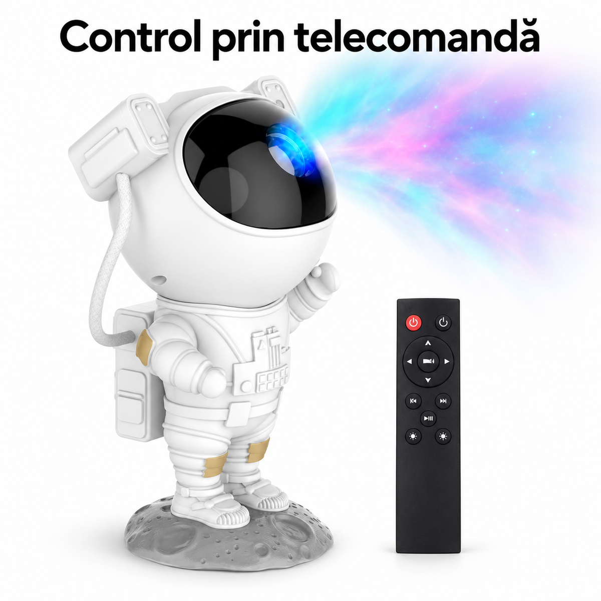 Lampă LED cu proiector de stele și galaxii, model astronaut, 8 efecte de nebuloasă, telecomandă, alb