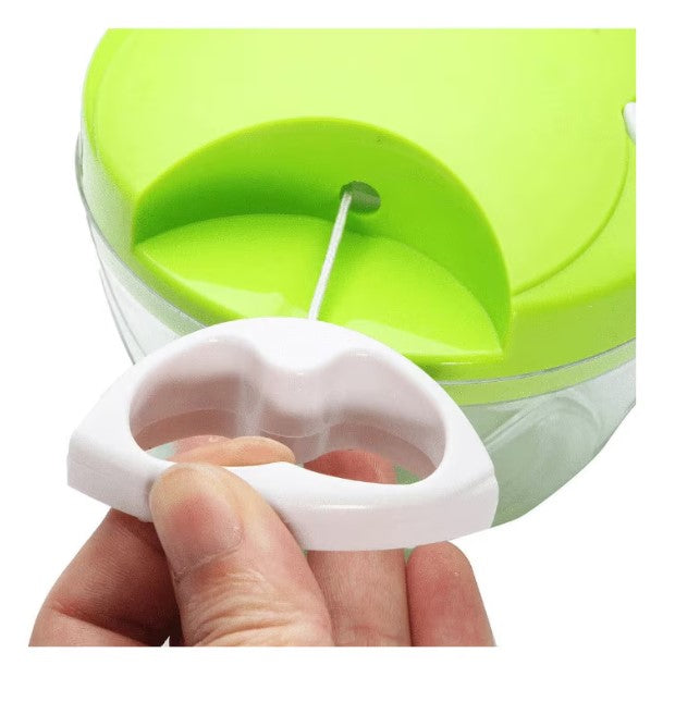 Tocator manual legume, 3 cutite inox, actionare cu snur, verde/alb