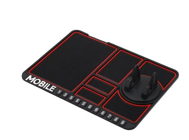 Suport auto multifunctional 4 in 1 pentru bord masina, antiderapant, PVC, Negru, telefon pana la 7”, chei, carduri, odorizant, rotire 360, 25 x 18 cm