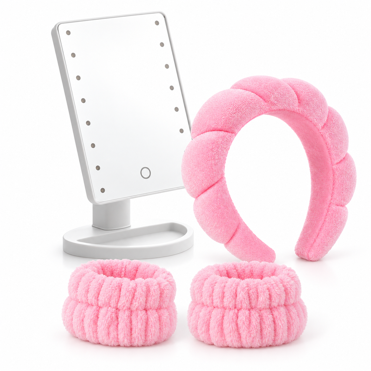 Pachet Rutina de Skincare – Set SPA Roz cu Bentiță și 2 Manșete Absorbante + Oglindă Dreptunghiulară cu LED și Control Tactil