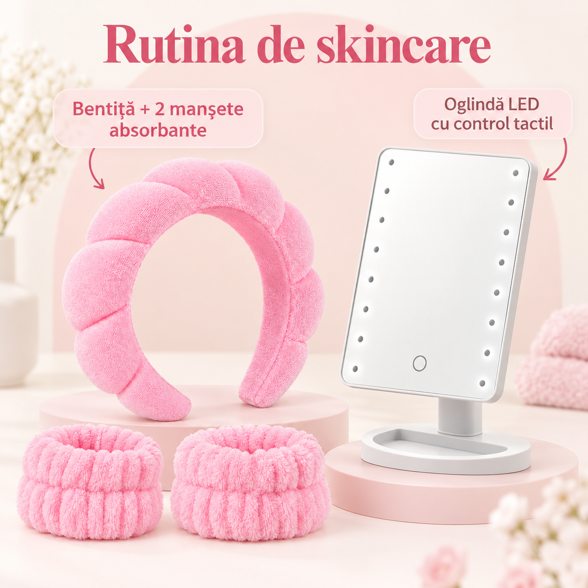 Pachet Rutina de Skincare – Set SPA Roz cu Bentiță și 2 Manșete Absorbante + Oglindă Dreptunghiulară cu LED și Control Tactil