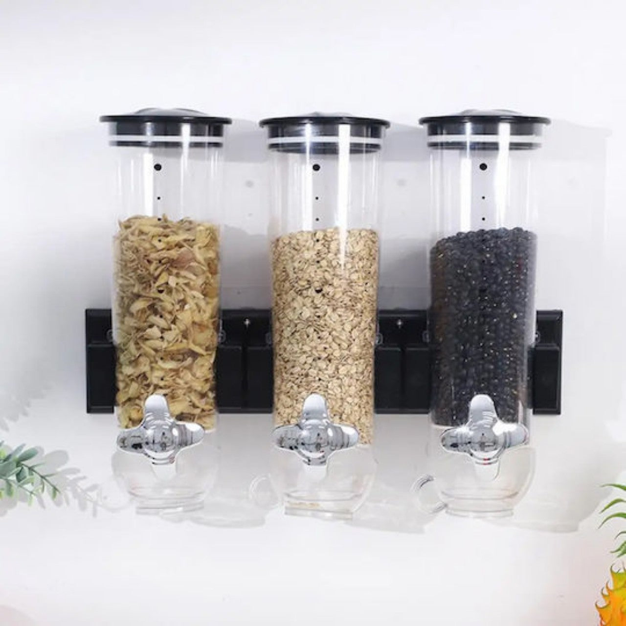 Distribuitor triplu de cereale Stuffix® cu montare pe perete – organizare, prospețime și design modern