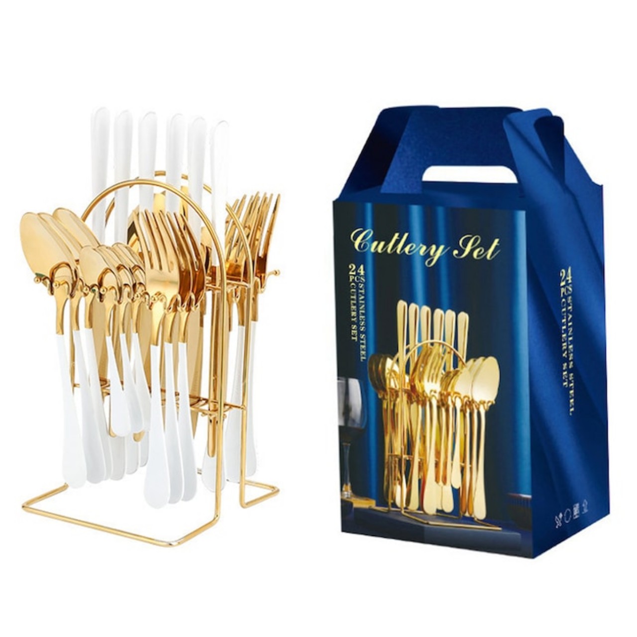 Set de tacâmuri premium Stuffix din oțel inoxidabil – 24 piese, design elegant auriu-alb