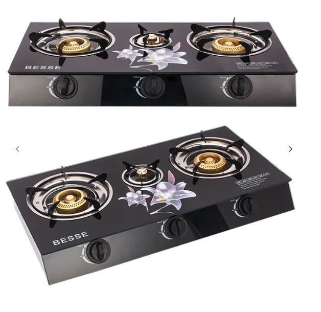 Aragaz pe Gaz 3 Ochiri, Aprindere Quartz, Finisaj Sticla, Negru