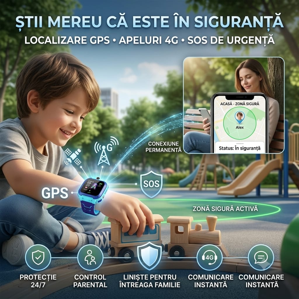 Ceas Inteligent pentru Copii cu GPS, LBS, SIM și Buton SOS, Compatibil Android/iOS