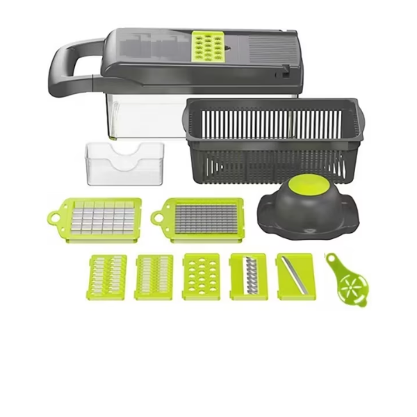 Feliator legume multifunctional cu 7 cutite din inox, tocator si razatoare, recipient cu capac