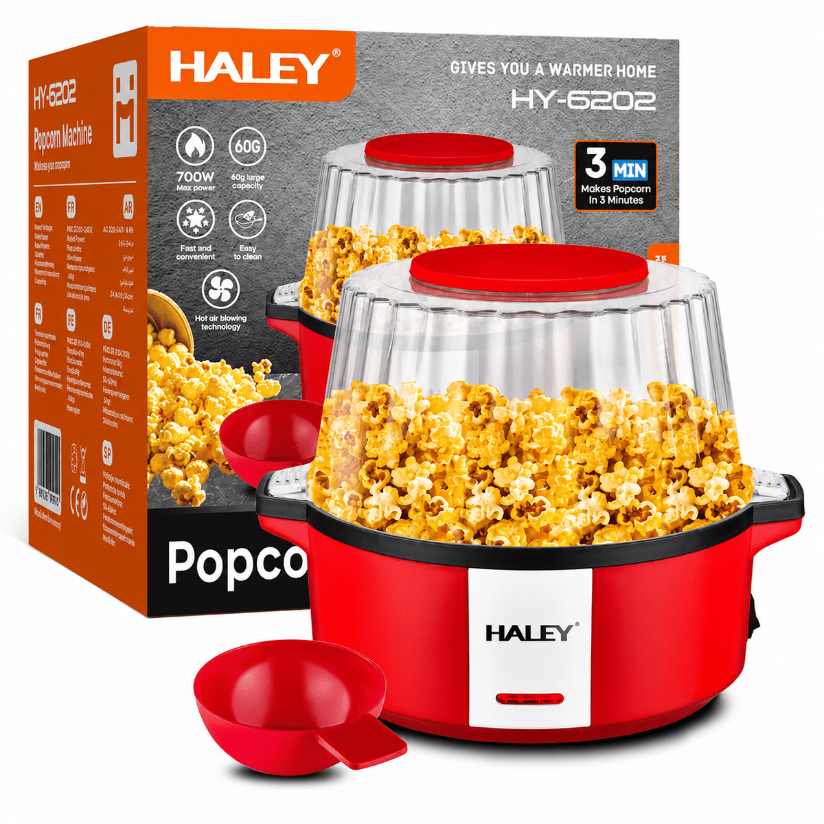 Aparat de Popcorn HALEY HY-6202, 700 W, Capacitate 60 g, Preparare cu Aer Cald, Fără Ulei, Gata în 3 Minute, Roșu/Alb
