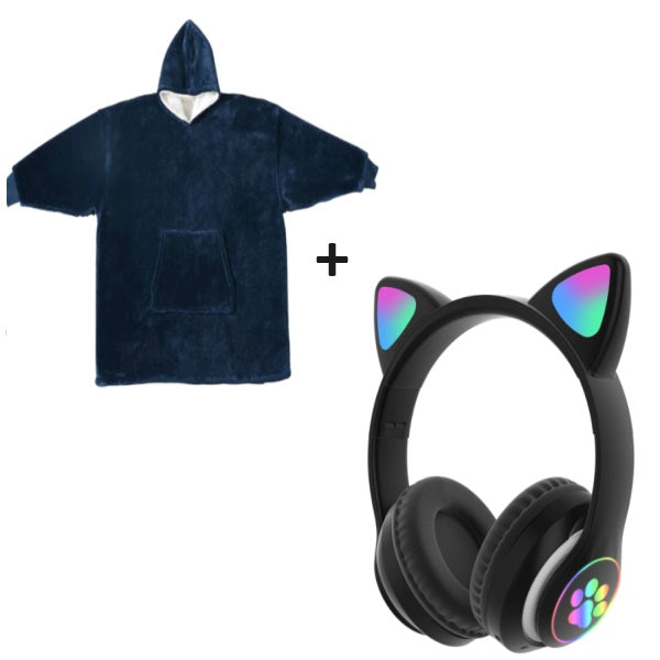 Patura-hanorac 2 in 1 + Casti wireless pliabile urechi de pisica, albastra/gri
