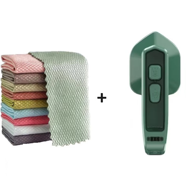 Set 10 lavete magice din microfibra 30x30 cm + Mini fier de calcat cu aburi, portabil, multicolor
