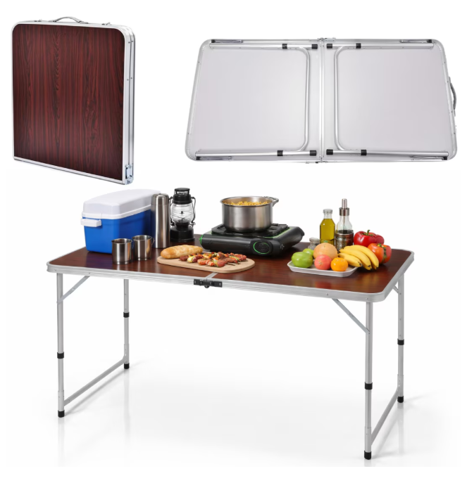 Masa pliabila camping, aluminiu usor, blat MDF 120x60 cm, reglabila pe inaltime, portabila tip valiza