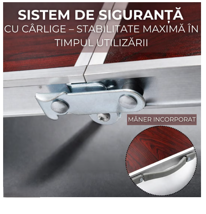Masa pliabila camping, aluminiu usor, blat MDF 120x60 cm, reglabila pe inaltime, portabila tip valiza