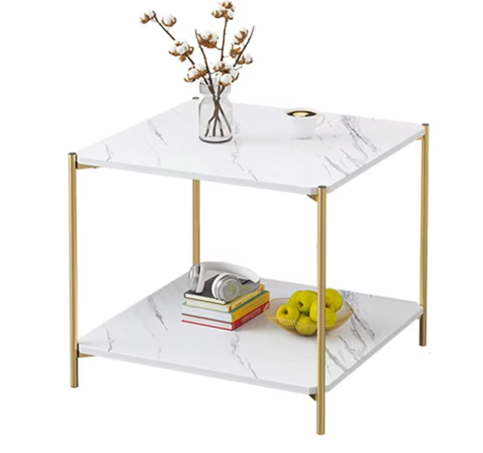 Masa cafea, multifunctionala, design modern pentru living, 40x40x42 cm, alb/auriu