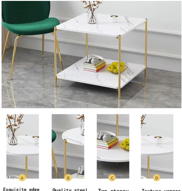 Masa cafea, multifunctionala, design modern pentru living, 40x40x42 cm, alb/auriu