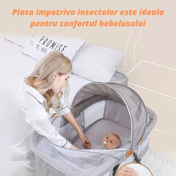 Patut Pliabil pentru Bebelusi , 3 Trepte de Inclinare – Plasa Anti-Insecte, Cos Depozitare, Sistem Blocare, Functie Leganare, Gri