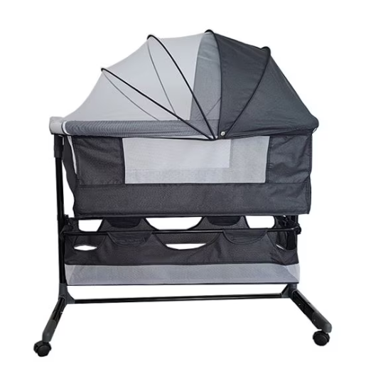 Patut copii co-sleeper pliabil, cu plasa insecte, pozitie leganat, roti, saltea inclusa, 92x68x80/85 cm, gri