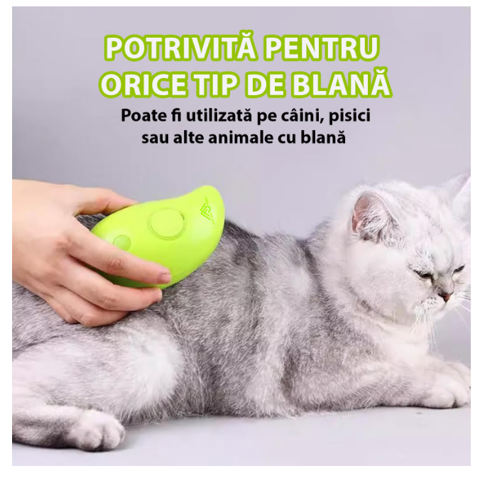 Perie 3 in 1 multifunctionala pentru animale de companie, cu aburi, pulverizare si dozator incorporat, ideala in ingrijirea delicata a pisicilor si eliminarea eficienta a parului cazut, reincarcabila prin USB