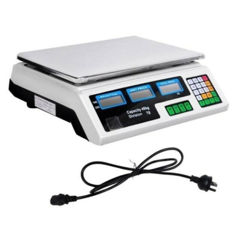 Cântar Electronic Comercial 40 kg, Precizie 5 g, Afișaj Dublu, Acumulator și Funcție de Calculare a Prețului