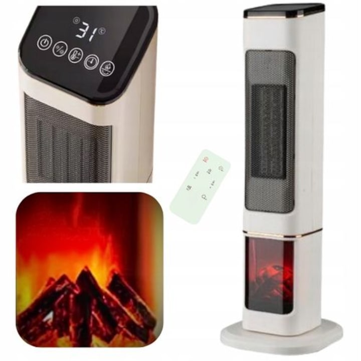 Semineu Electric, 2000W, cu Efect de Flacara, 2 trepte, Incalzire Ceramica PTC cu Termostat si Telecomanda, Dispay LED