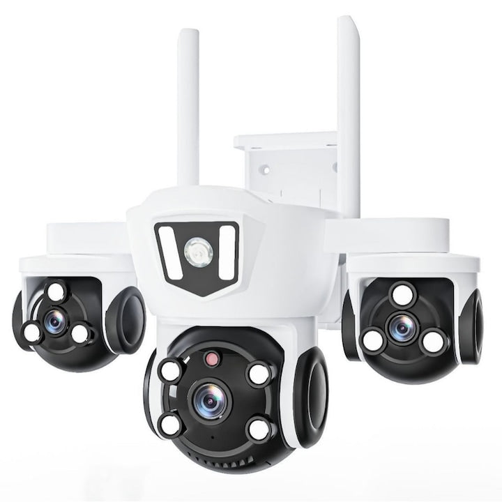 Camera de Supraveghere WiFi 15MP cu 3 Obiective, Zoom Digital 10X, Rotatie 360°, Night Vision Color, IP66