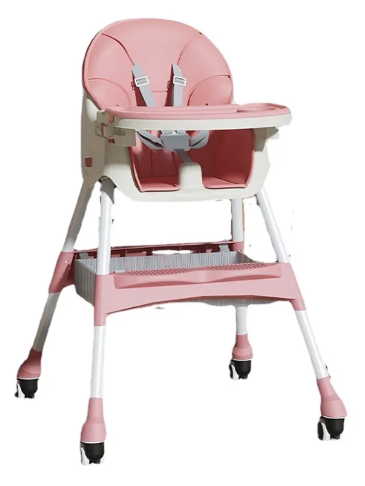 Scaun de Masa ROZ pentru Bebelusi si Copii, cu Roti, Telescopic, Pliabil, Masuta Reglabila, Suport Picioare, Scaun cu Invelis 97x73x65cm
