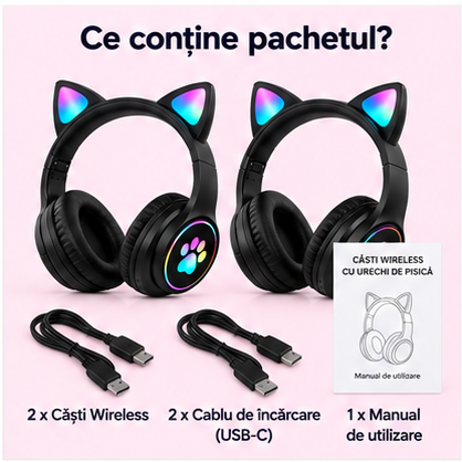 Pachet 2x Căști Wireless Bluetooth cu Urechi de Pisică – Pliabile și Confortabile