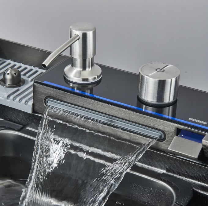 Chiuveta multifunctionala bucatarie cu dus extractabil, display LCD, tocator si accesorii incluse, 750x460 mm, gri grafit