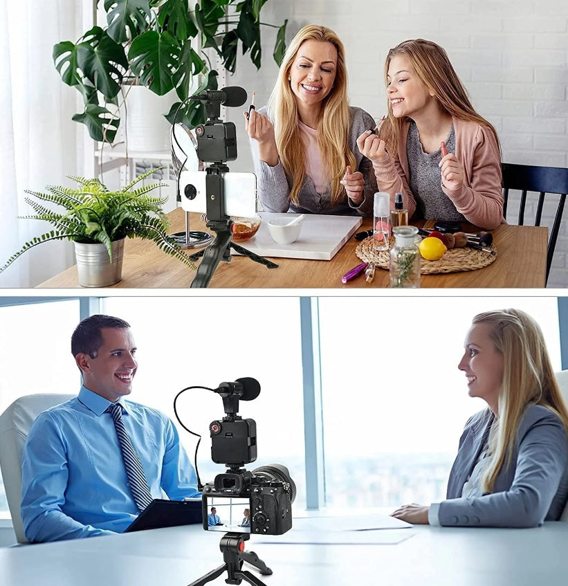 Kit vlog 4 in 1 – lampa LED, microfon, trepied si suport telefon