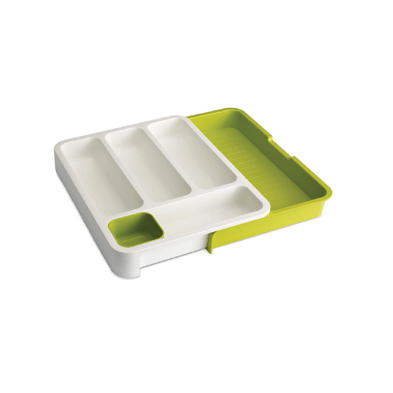 Suport tacamuri extensibil pentru sertar, alb/verde, plastic, 36-47.5 cm