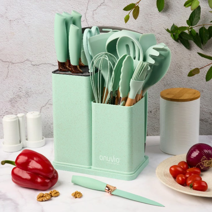 Set 19 Ustensile de Bucatarie Silicon Alimentar cu Suport – Manere Lemn Acacia