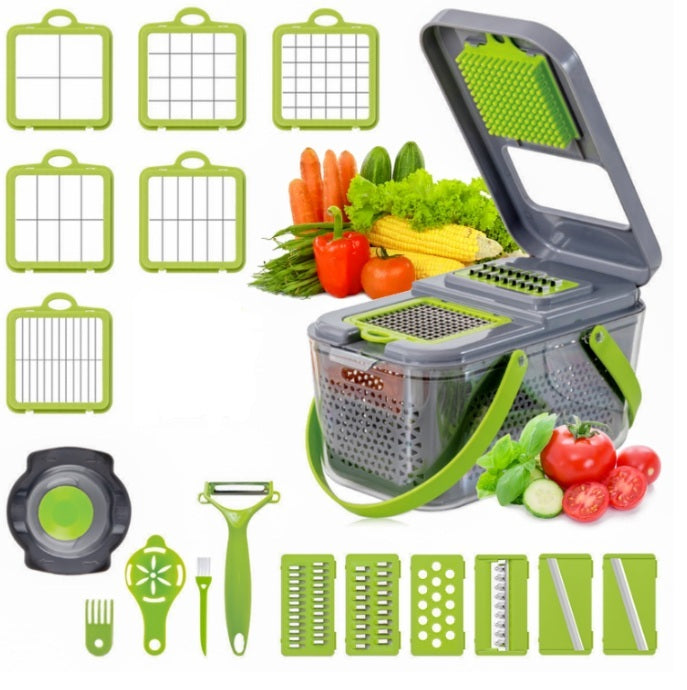 Razatoare multifunctionala 22 piese pentru legume si fructe, cu caserola, lame otel inoxidabil, maner protectie, Verde/Gri