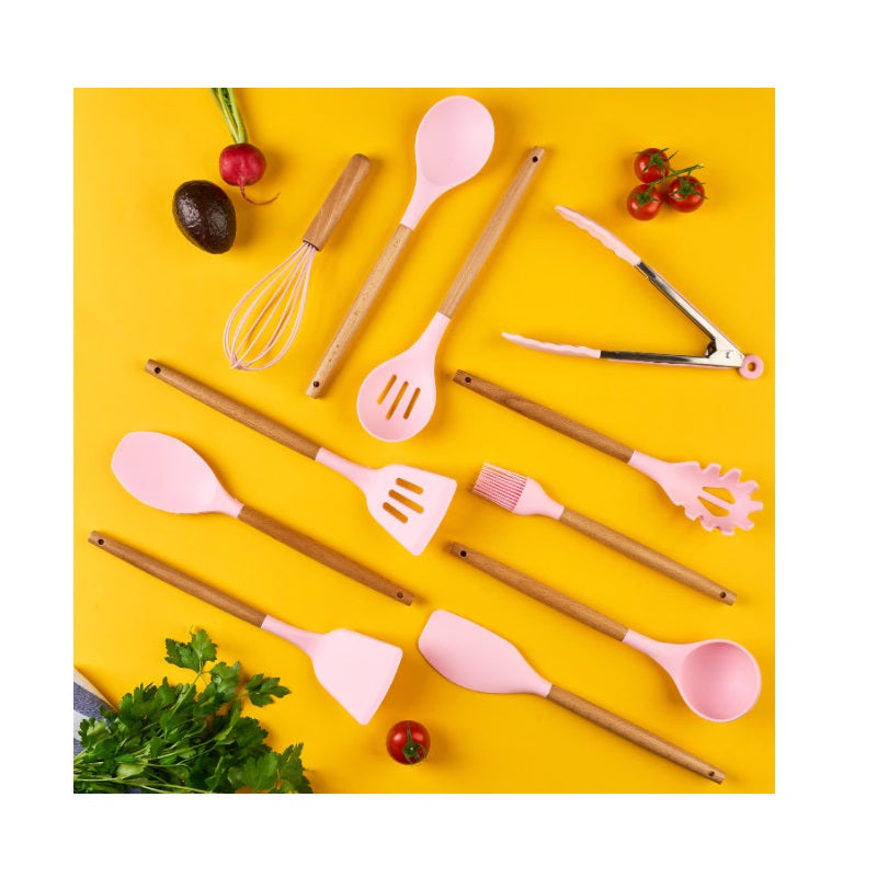 Set 12 ustensile de gatit din silicon si lemn – Antiaderent, Eco-Friendly, Rezistent la temperaturi ridicate, roz deschis