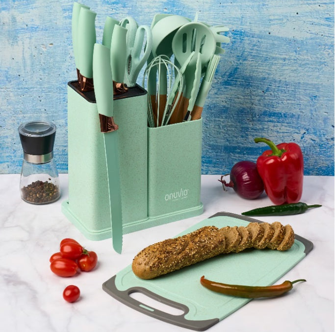 Set 19 Ustensile de Bucatarie Silicon Alimentar cu Suport – Manere Lemn Acacia