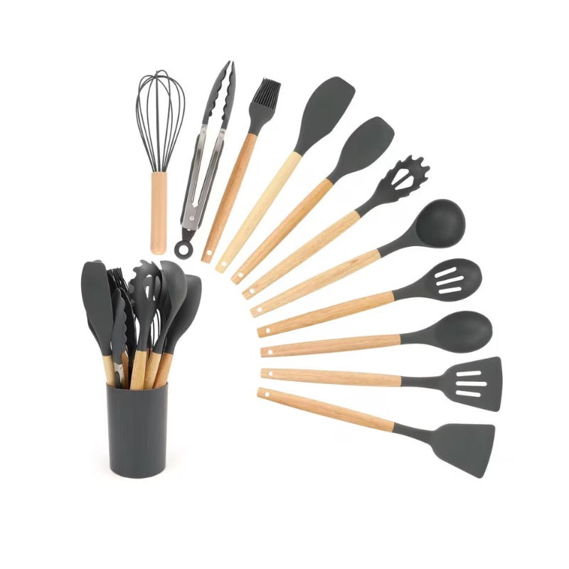 Set 12 ustensile silicon + lemn pentru gatit, antiaderent, rezistente la temperaturi ridicate, eco-friendly, gri
