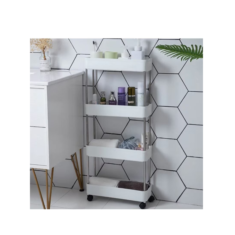 Pachet Promo: Raft organizator cu roti + Etajera colt pentru baie si dus, 4 polite, alb