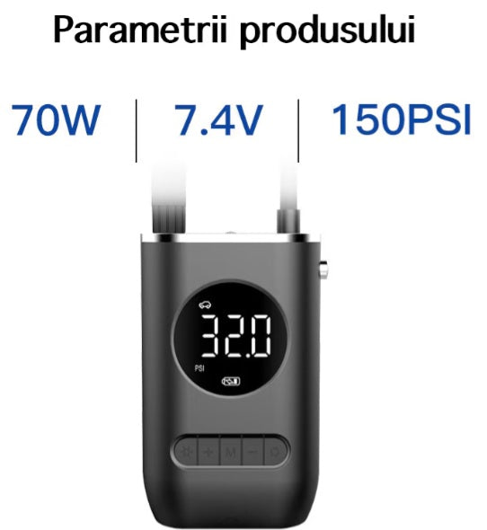 Pompa electrica aer auto cu ecran digital si LED, portabila